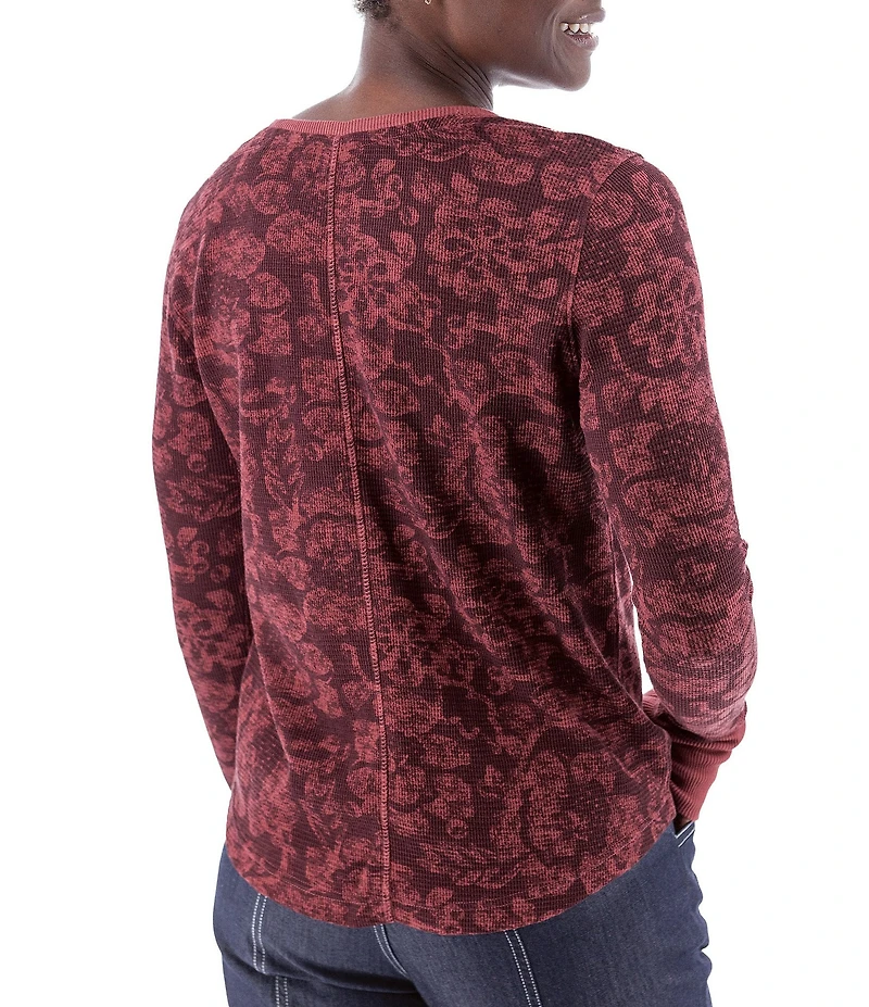 Aventura Sylvan Waffle Knit Floral Print Crew Neck Long Sleeve Shirttail Hem Top