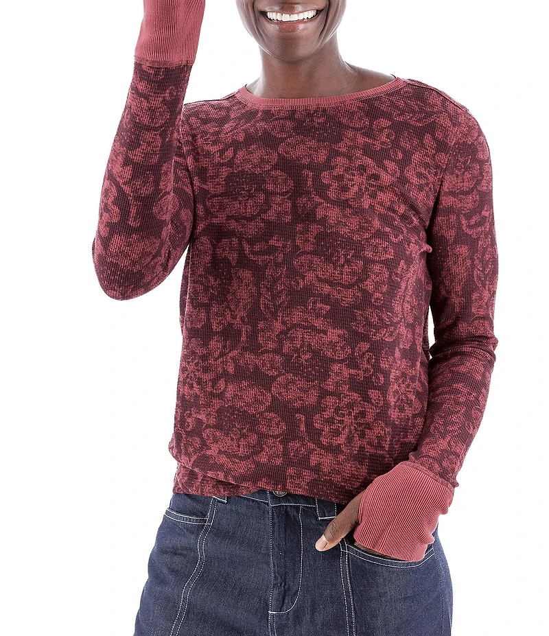 Aventura Sylvan Waffle Knit Floral Print Crew Neck Long Sleeve Shirttail Hem Top