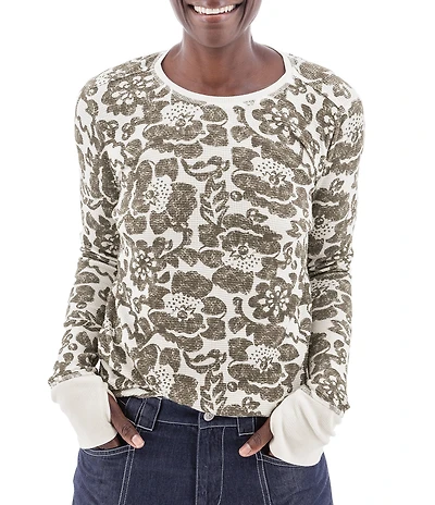 Aventura Sylvan Waffle Knit Floral Print Crew Neck Long Sleeve Shirttail Hem Top
