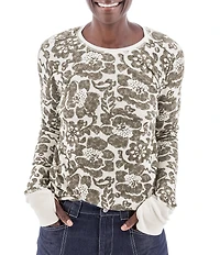Aventura Sylvan Waffle Knit Floral Print Crew Neck Long Sleeve Shirttail Hem Top