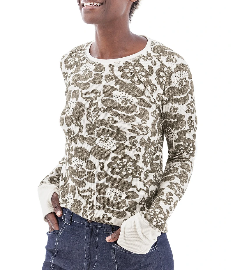 Aventura Sylvan Waffle Knit Floral Print Crew Neck Long Sleeve Shirttail Hem Top