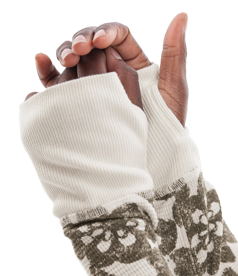 Aventura Sylvan Waffle Knit Floral Print Crew Neck Long Sleeve Shirttail Hem Top