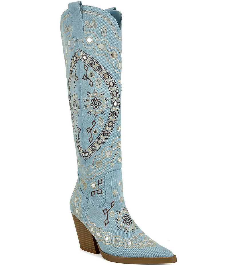 Azalea Wang Aamina Denim Studded Tall Western Boots
