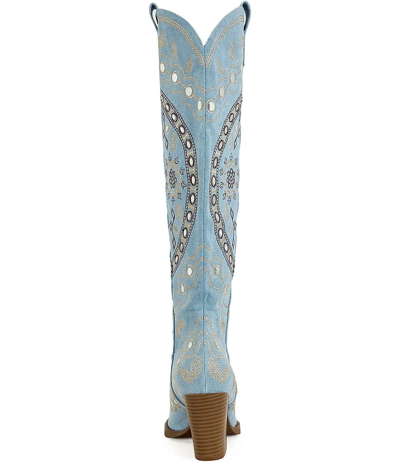 Azalea Wang Aamina Denim Studded Tall Western Boots