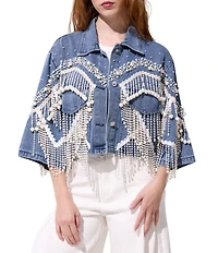 Azalea Wang Adelynne Denim Pearl Point Collar Wide Sleeves Denim Crop Jacket