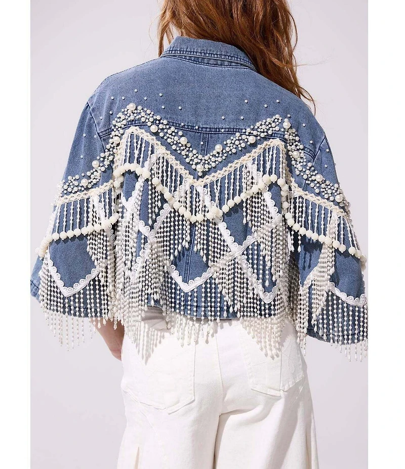 Azalea Wang Adelynne Denim Pearl Point Collar Wide Sleeves Denim Crop Jacket
