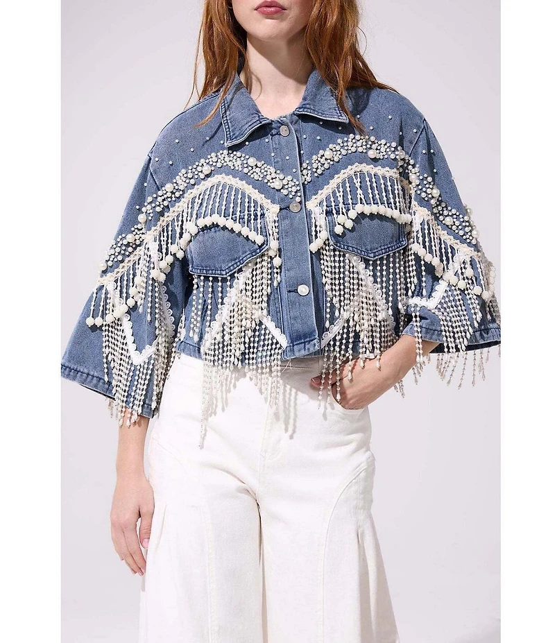 Azalea Wang Adelynne Denim Pearl Point Collar Wide Sleeves Denim Crop Jacket