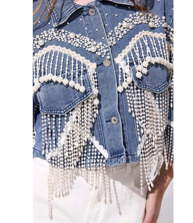 Azalea Wang Adelynne Denim Pearl Point Collar Wide Sleeves Denim Crop Jacket