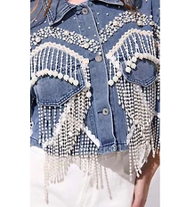 Azalea Wang Adelynne Denim Pearl Point Collar Wide Sleeves Denim Crop Jacket