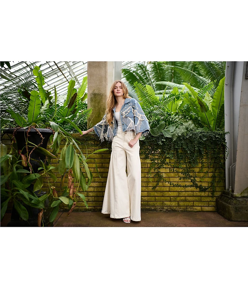 Azalea Wang Adelynne Denim Pearl Point Collar Wide Sleeves Denim Crop Jacket