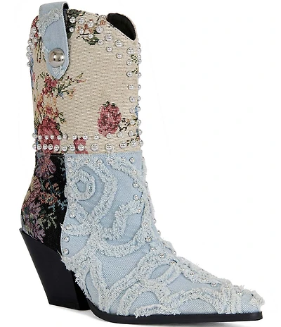 Azalea Wang Akari Denim and Floral Patchwork Studded Western Booties