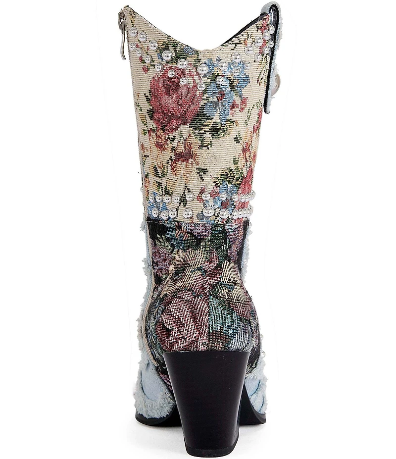 Azalea Wang Akari Denim and Floral Patchwork Studded Western Booties