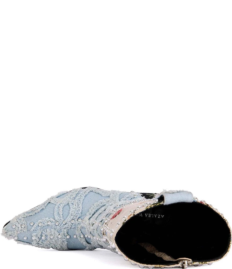 Azalea Wang Akari Denim and Floral Patchwork Studded Western Booties