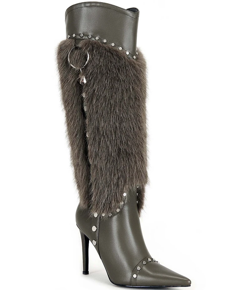Azalea Wang Alisette Faux Fur Studded Pointed Toe Tall Dress Boots