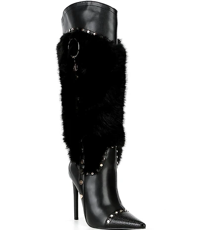 Azalea Wang Alistair Faux Fur Studded Tall Stiletto Boots
