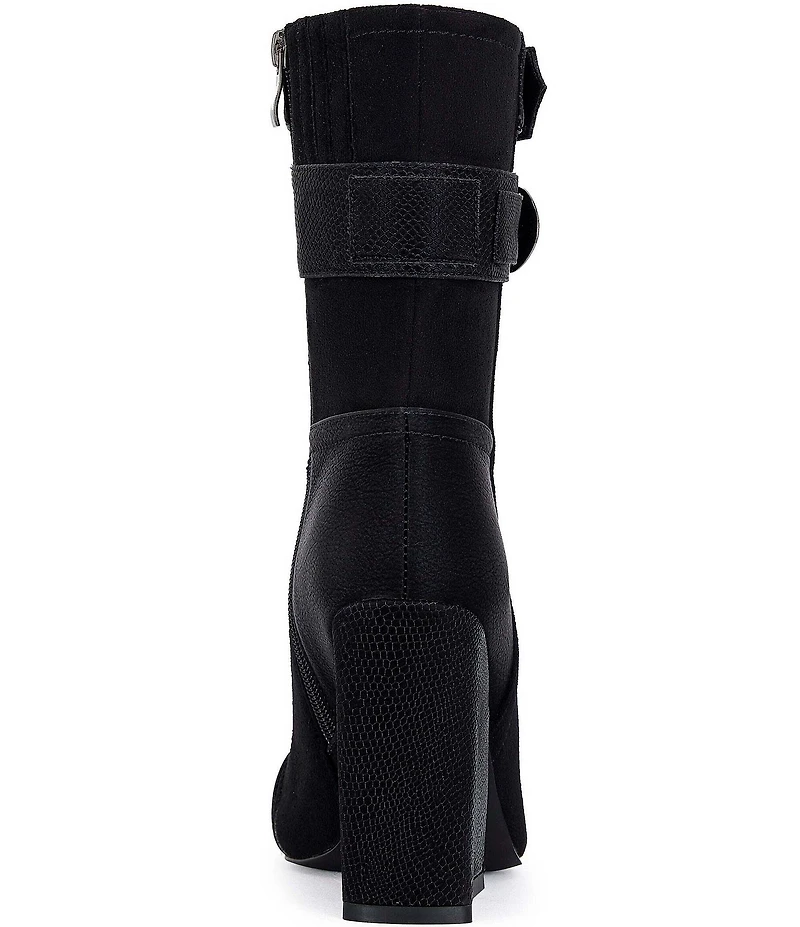 Azalea Wang Allona Embossed Lizard Print Hardware Detail Cap Toe Mid Calf Boots