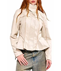 Azalea Wang Ally-Black Faux Leather High Collar Peplum Zip Front Jacket