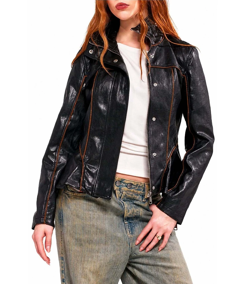 Azalea Wang Ally-Black Faux Leather High Collar Peplum Zip Front Jacket