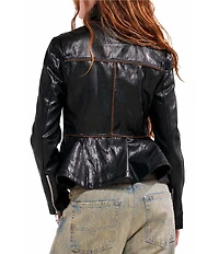 Azalea Wang Ally-Black Faux Leather High Collar Peplum Zip Front Jacket