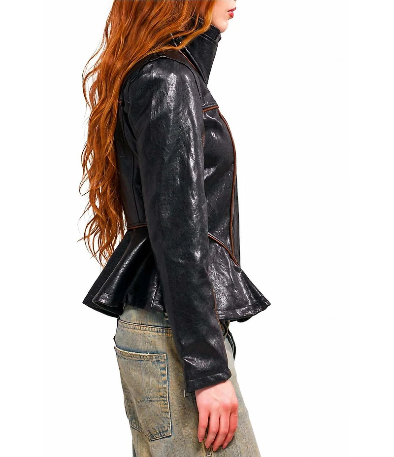 Azalea Wang Ally-Black Faux Leather High Collar Peplum Zip Front Jacket