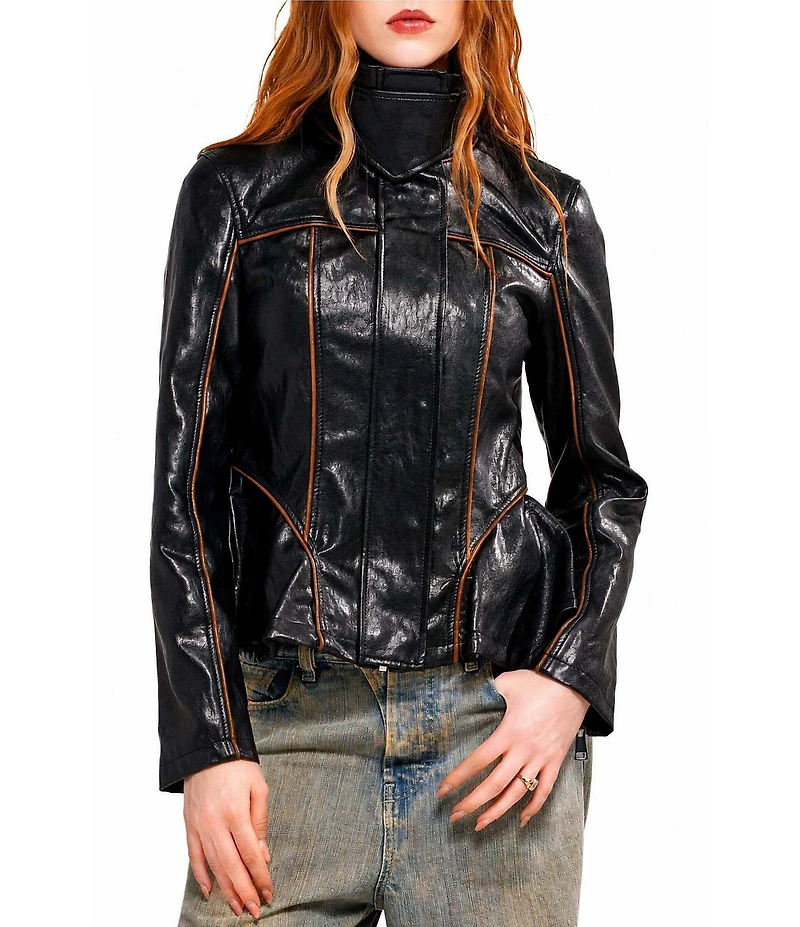 Azalea Wang Ally-Black Faux Leather High Collar Peplum Zip Front Jacket