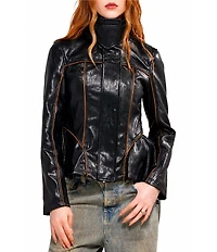 Azalea Wang Ally-Black Faux Leather High Collar Peplum Zip Front Jacket