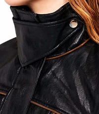 Azalea Wang Ally-Black Faux Leather High Collar Peplum Zip Front Jacket