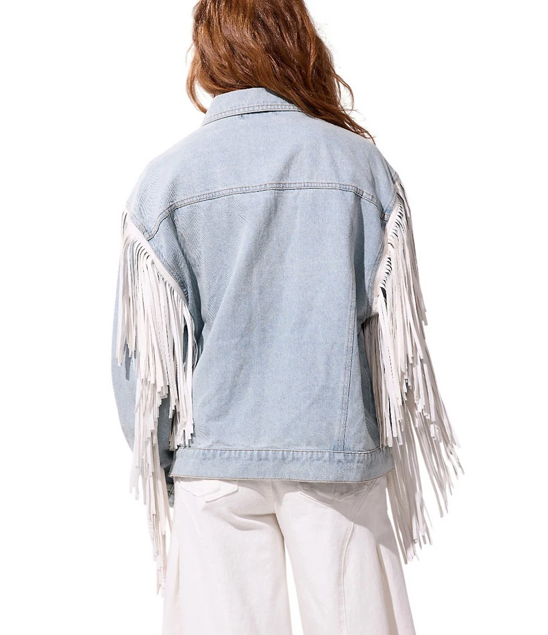 Azalea Wang Alra Fringe Point Collar Button Front Denim Jacket