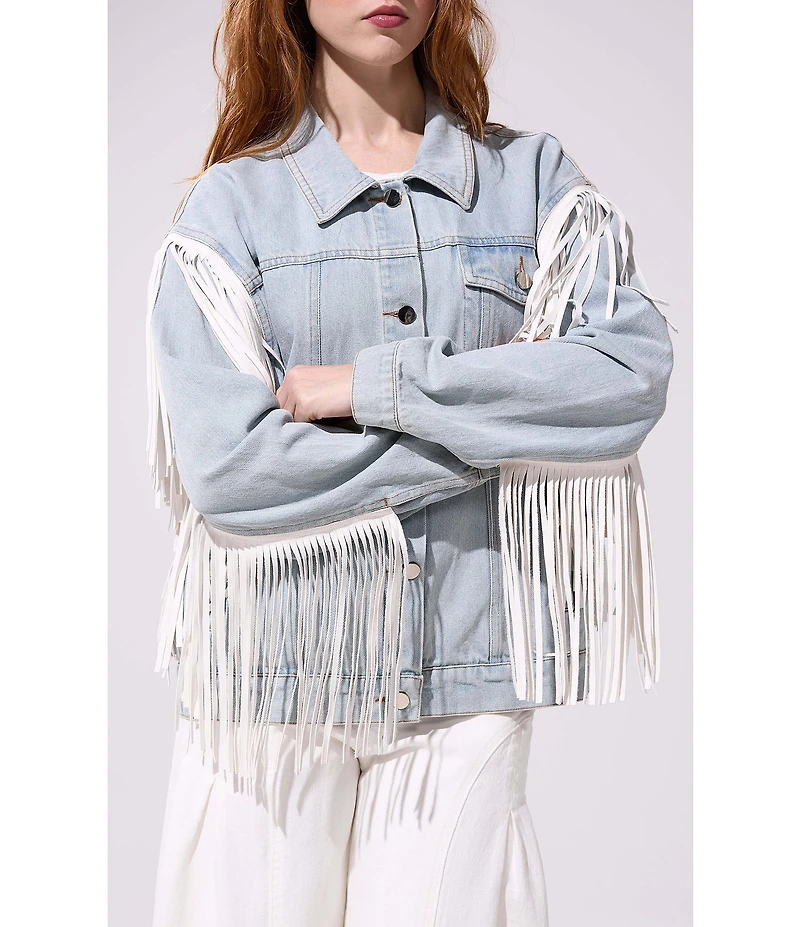 Azalea Wang Alra Fringe Point Collar Button Front Denim Jacket