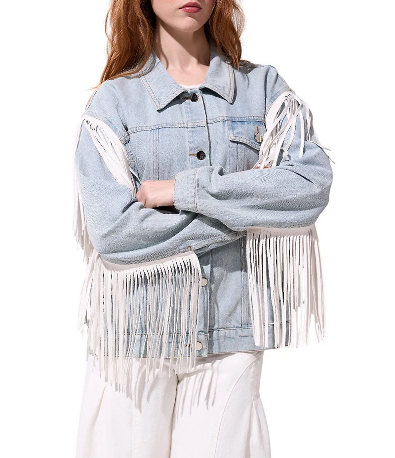 Azalea Wang Alra Fringe Point Collar Button Front Denim Jacket