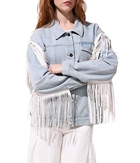 Azalea Wang Alra Fringe Point Collar Button Front Denim Jacket