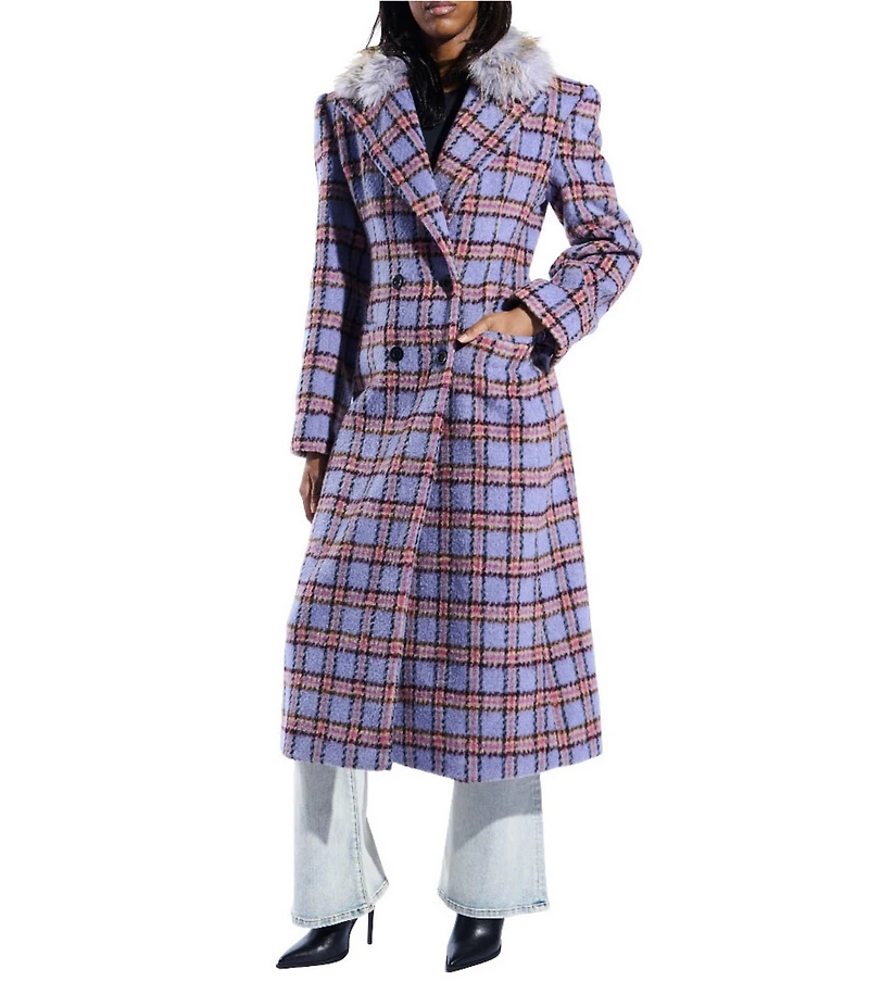 Azalea Wang Alyssa Faux Fur Lavender Plaid Shawl Collar Tailored Fit Button Front Coat