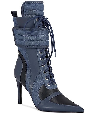 Azalea Wang Amada Denim Colorblock Lace Up Pointed Toe Boots