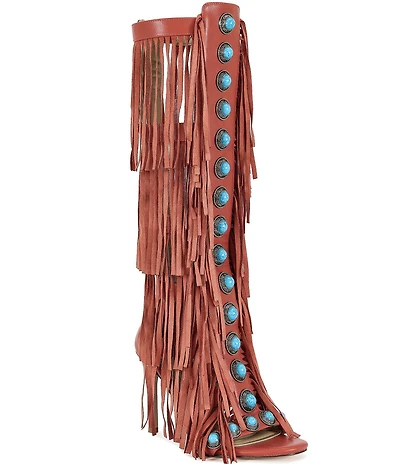 Azalea Wang Amadeo Turquoise Studded Fringed Shaft Gladiator Sandals