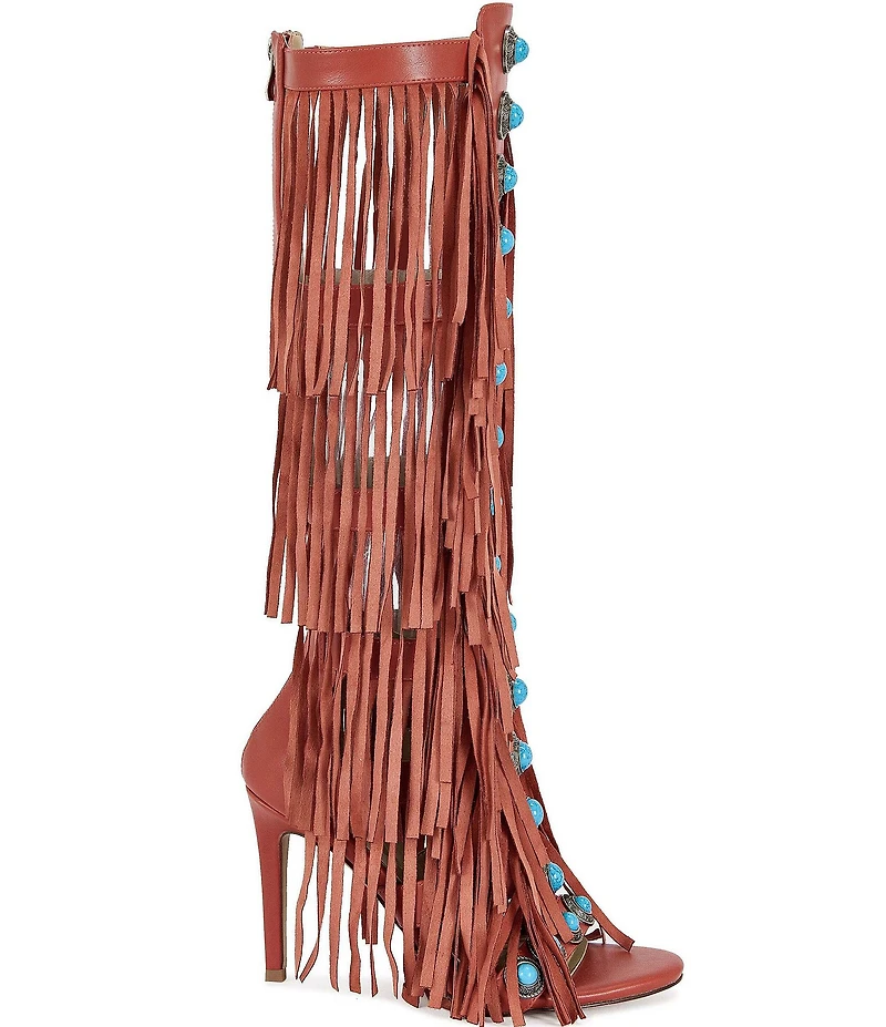 Azalea Wang Amadeo Turquoise Studded Fringed Shaft Gladiator Sandals
