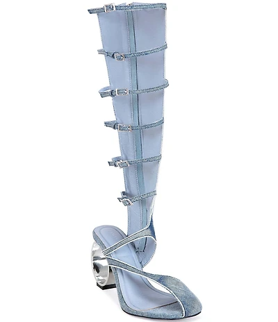 Azalea Wang Andree Denim Circular Heel Tall Gladiator Sandals