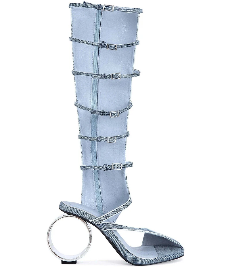 Azalea Wang Andree Denim Circular Heel Tall Gladiator Sandals