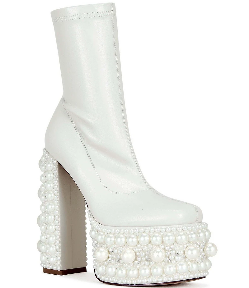 Azalea Wang Antaris Pearl Embellished Platform Block Heel Booties