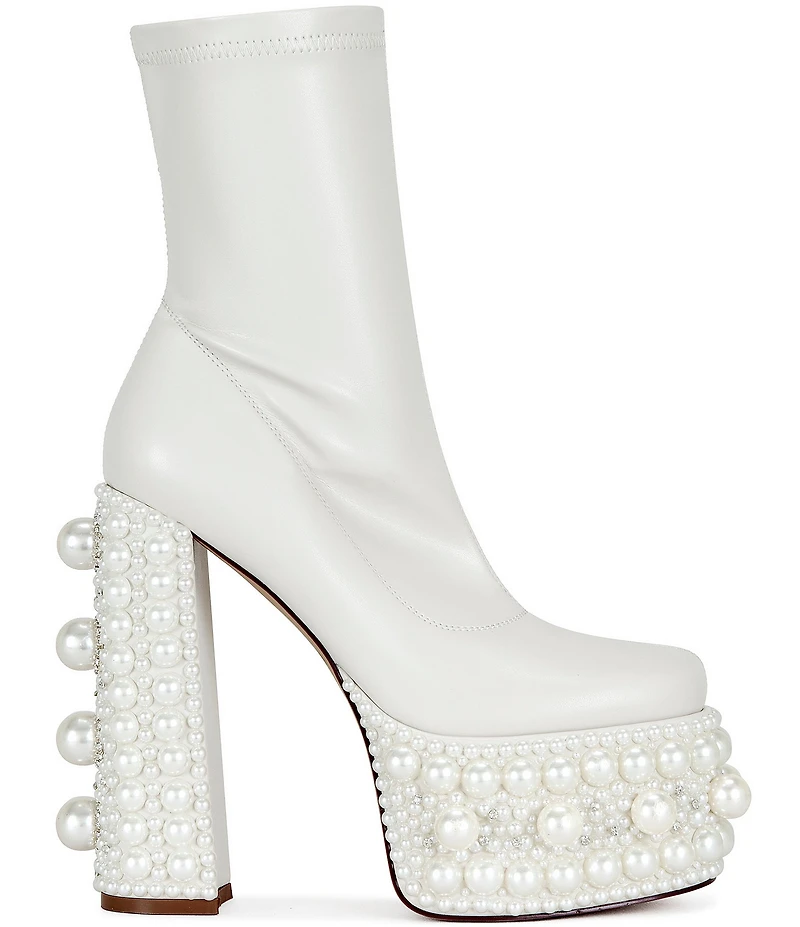 Azalea Wang Antaris Pearl Embellished Platform Block Heel Booties
