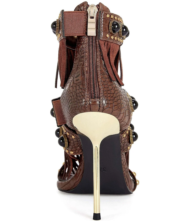 Azalea Wang Antoine Croco Embossed Fringed Cabochon Studded Sandals