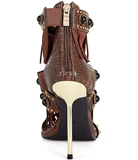 Azalea Wang Antoine Croco Embossed Fringed Cabochon Studded Sandals