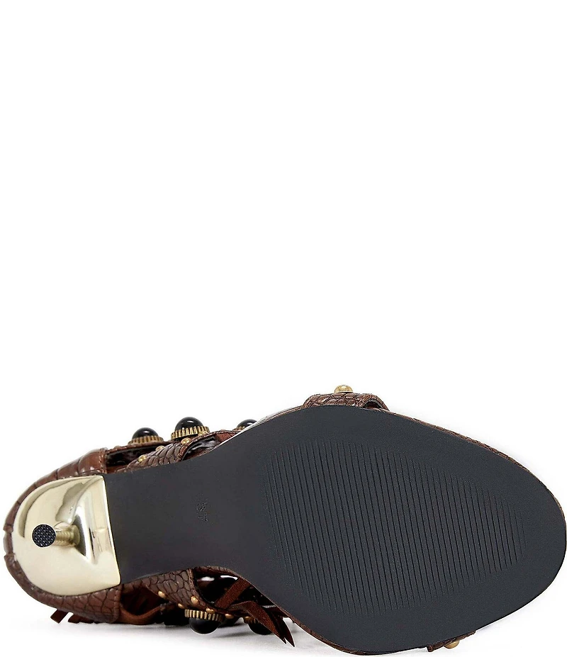 Azalea Wang Antoine Croco Embossed Fringed Cabochon Studded Sandals