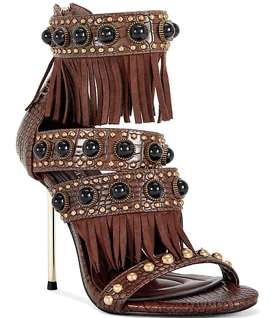 Azalea Wang Antoine Croco Embossed Fringed Cabochon Studded Sandals
