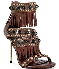 Azalea Wang Antoine Croco Embossed Fringed Cabochon Studded Sandals