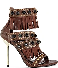 Azalea Wang Antoine Croco Embossed Fringed Cabochon Studded Sandals