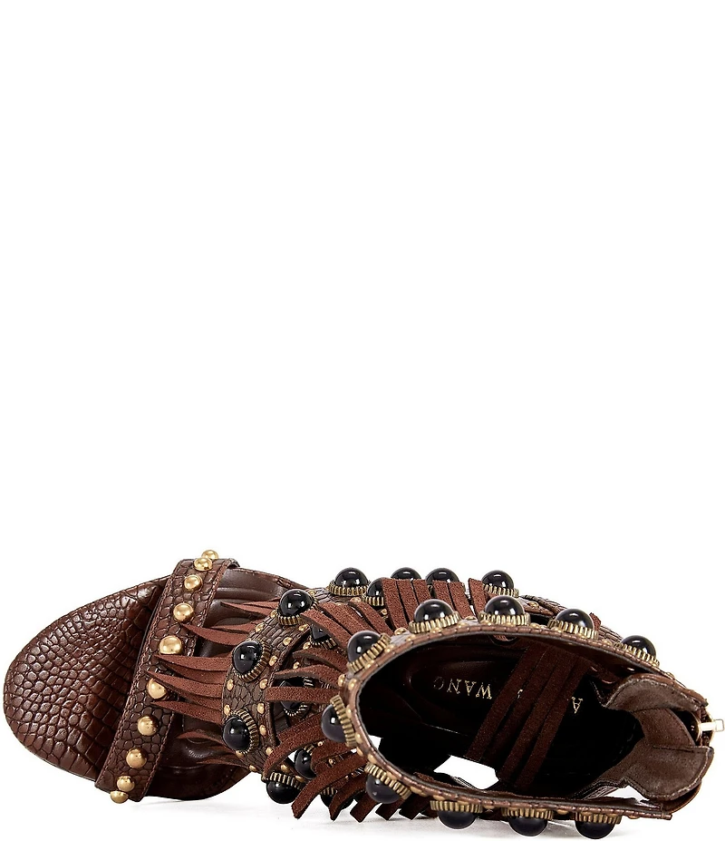 Azalea Wang Antoine Croco Embossed Fringed Cabochon Studded Sandals