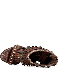 Azalea Wang Antoine Croco Embossed Fringed Cabochon Studded Sandals
