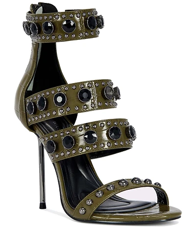 Azalea Wang Antonia Croco Embossed Jewel Studded Sandals