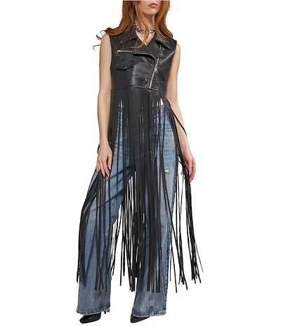 Azalea Wang Arden Black Lapel Neck Sleeveless Fringe Zip Front Vest