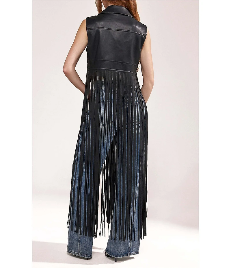 Azalea Wang Arden Black Lapel Neck Sleeveless Fringe Zip Front Vest